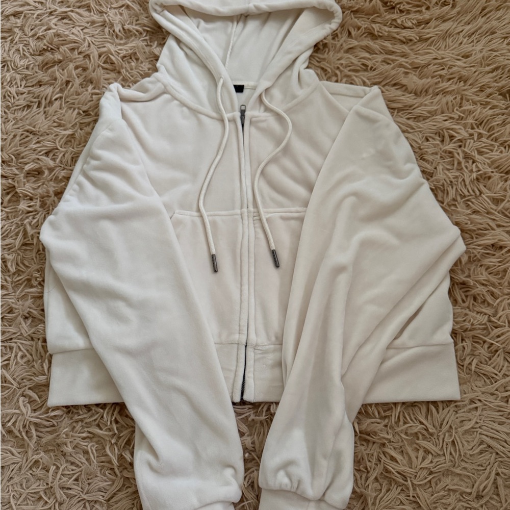 white cropped velvet zip-up hoodie